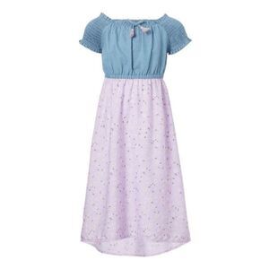 Girls' Lilac & Medium Blue Floral Denim Smocked Puff-Sleeve Maxi Dress 5/6 #1786